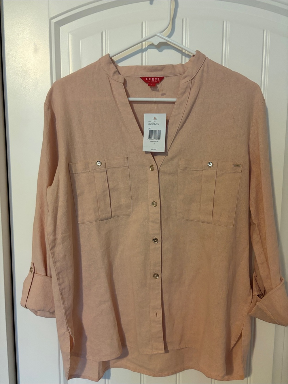 GUESS Blush Pink/Peachy color Button-Front Linen Shirt.